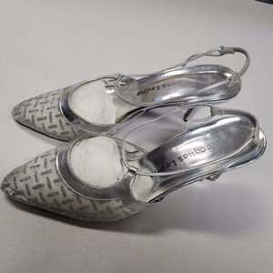 VINTAGE 90's Jacques Levine Silver Sheer Rhythm Kitten Heel Slingback Size 6 1/2